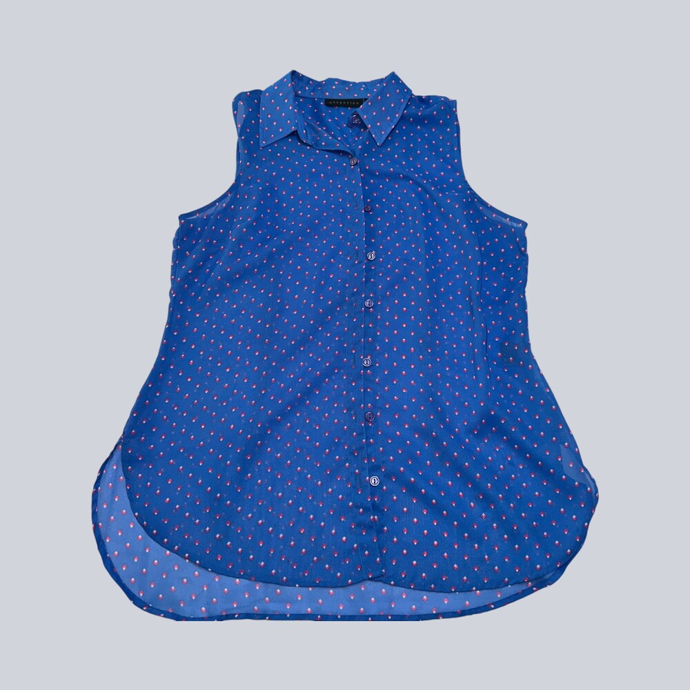 Attention Women’s Sleeveless Blue Geometric Button Front Tunic Blouse Size L